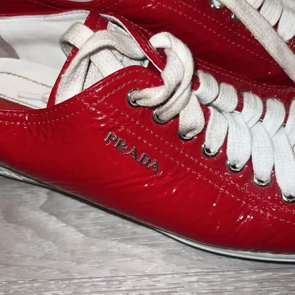 RED PATENT LEATHER PRADA TENNIS SHOES - Picture 4 of 5